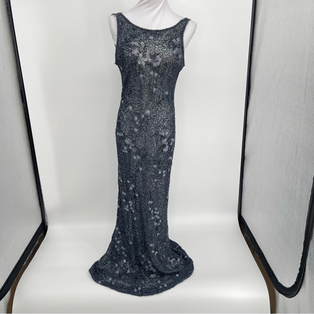 Vintage Grey Beaded Prom Gown Dress